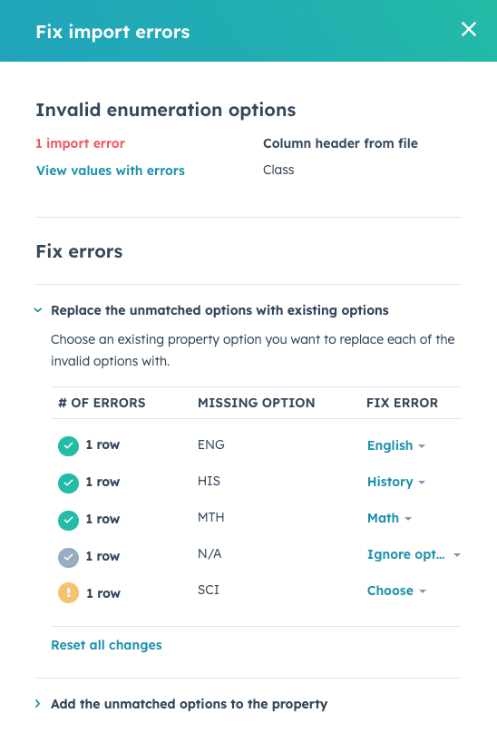 Herstel onjuiste waarden dropdown select