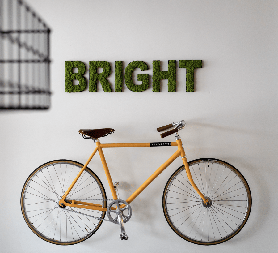 Decoratie aan de muur van een fiets en beplanting in de vorm van het woord Bright, tijdens de Training Account Based Marketing.